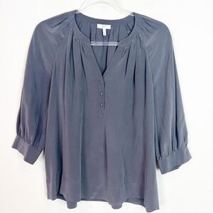 JOIE GRAY SILK 3/4 SLEEVE HENLEY V-NECK POPOVER BLOUSE WOMENS SZ XS